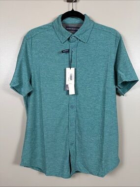 Report Collection Flex Knit Teal Heather Short-Sleeve Button-Down Shirt